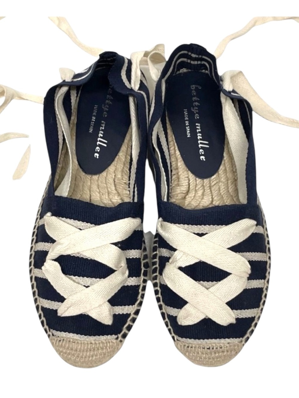 BETTYE MULLER Neiman Marcus Striped Navy Espadrille Flats ANKLE WRAP Strap 6.5